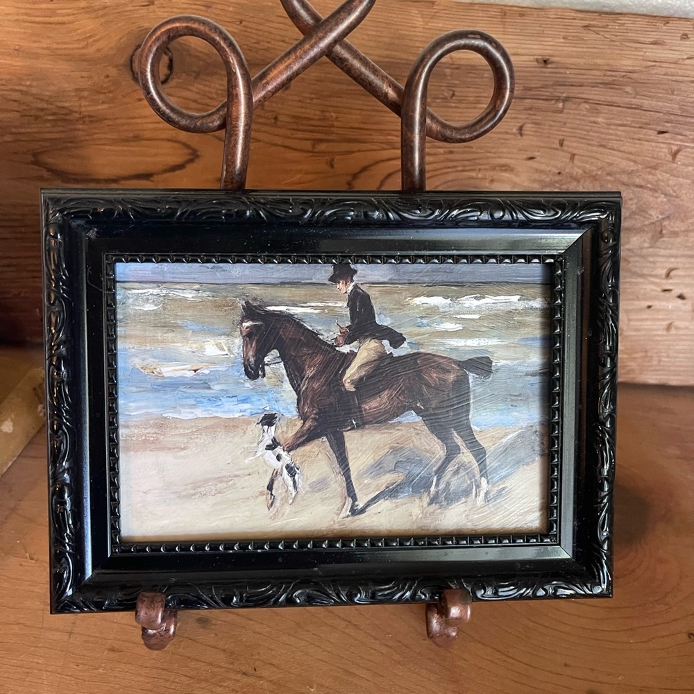 SOLD🛑Vintage Style Framed Textured Print of Man on horse w/Dog on Beach